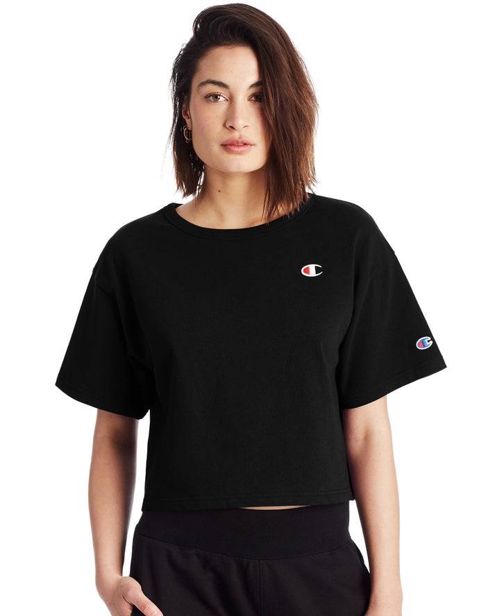 Champion Dame T-Shirts Sort - Heritage Cropped C Logo - Danmark GXI-019284